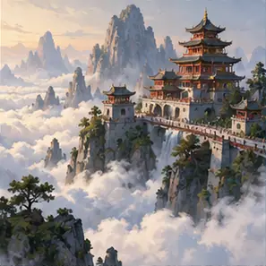 Generated Cloud-Temple Matte Painting visual example