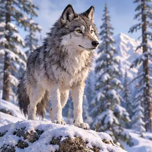 Generated Stylized-Realism Snow Wolf visual example
