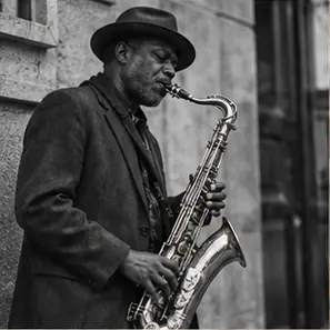 Generated Silver-Gelatin Saxophonist visual example